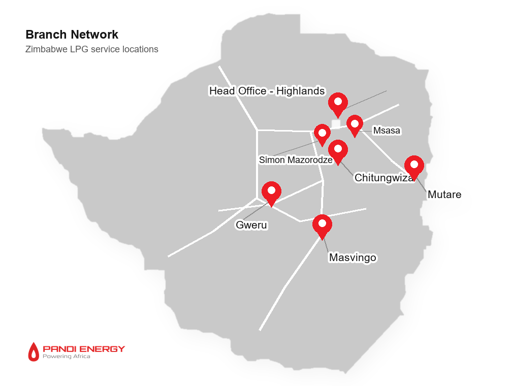 Map of Zimbabwe showing Pandi Energy branch locations in Highlands, Simon Mazorodze, Msasa, Chitungwiza, Gweru, Masvingo and Mutare