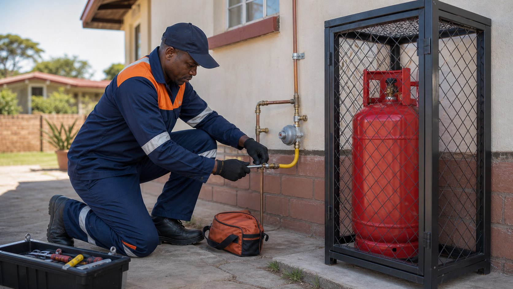 Pandi technician installing a caged LPG cylinder and gas piping